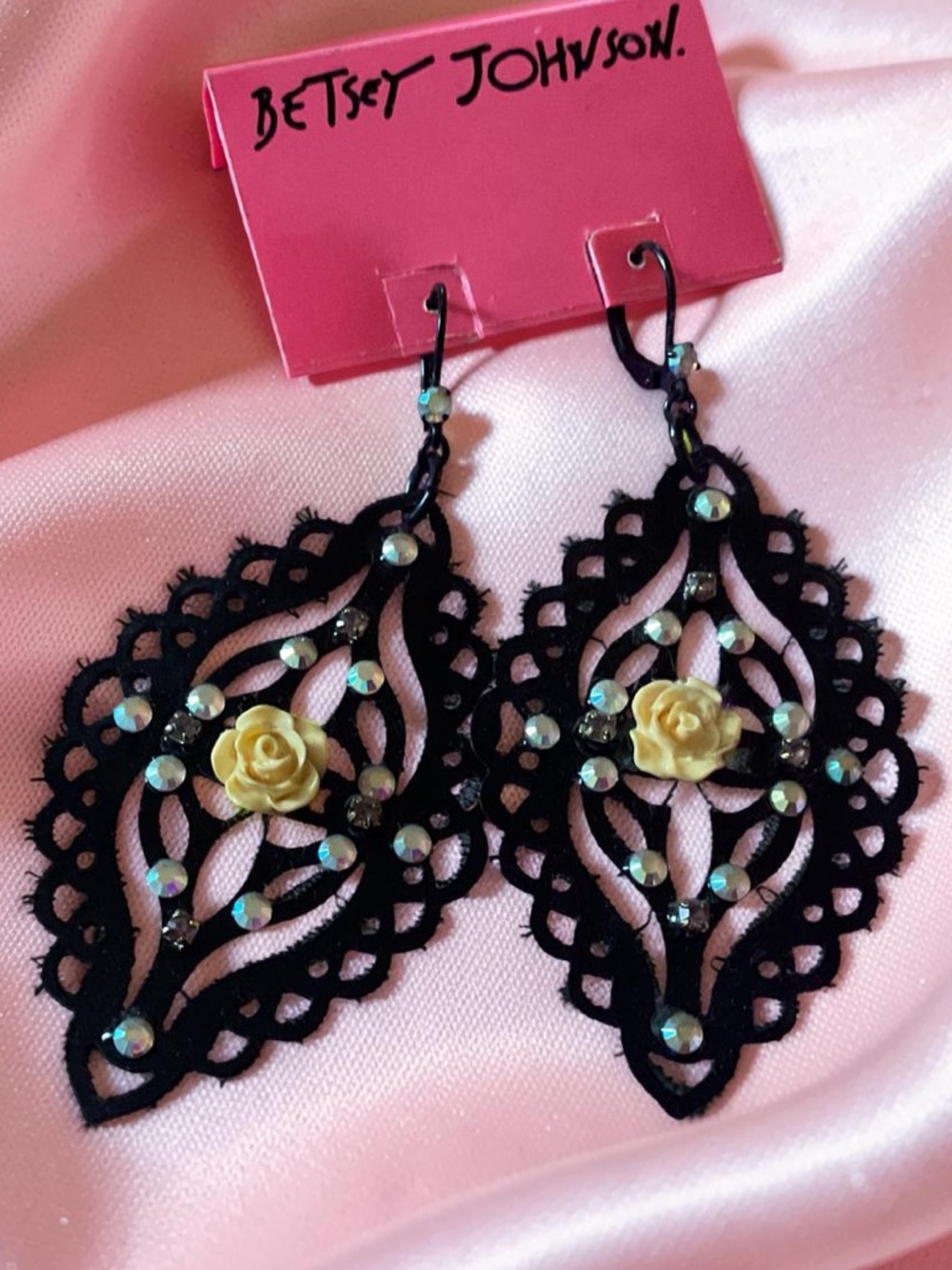VTG Betsey Johnson Large Black Filigree Pierced Earrings w Yellow Rose &  jewels